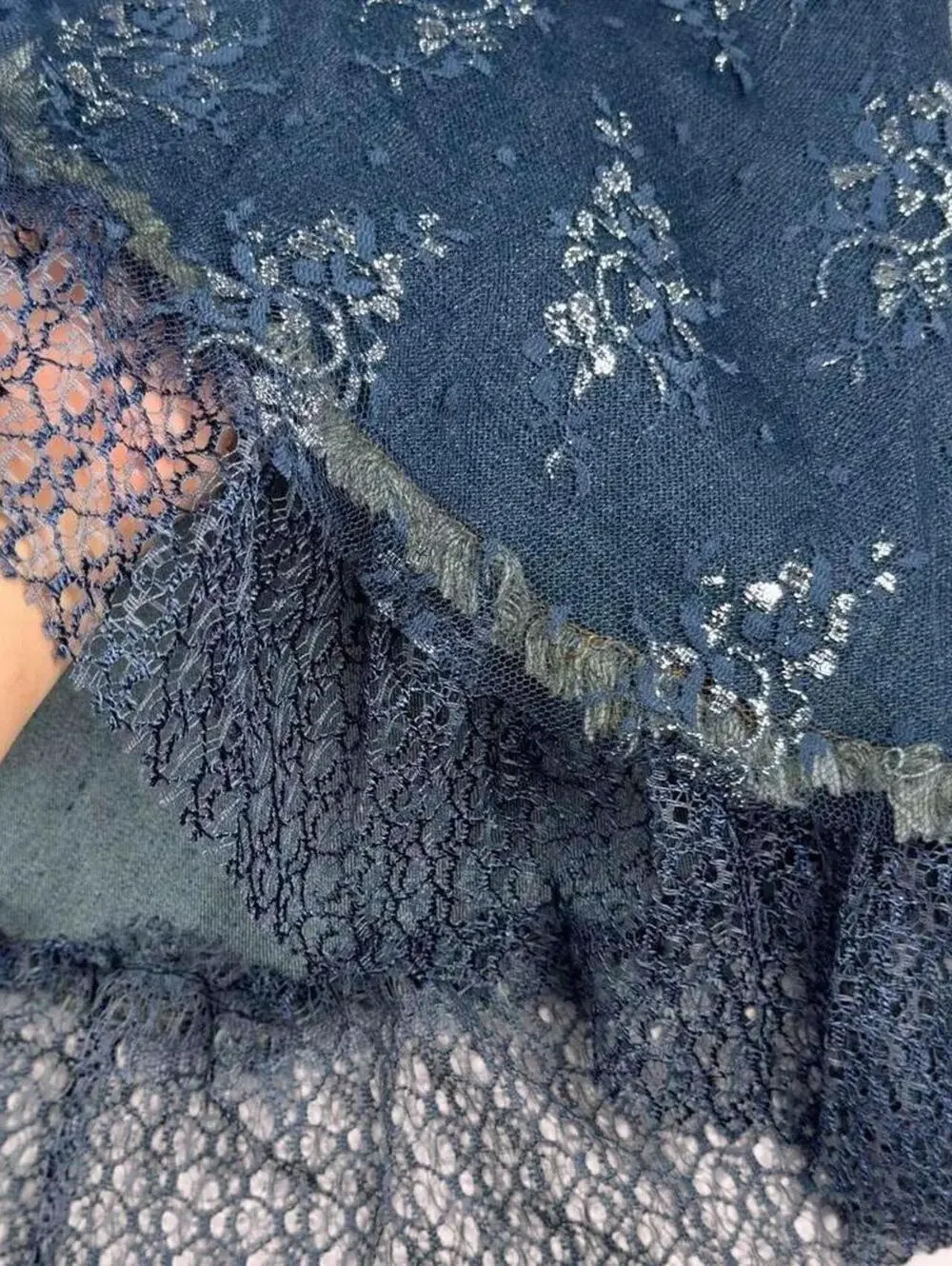Deadstock Y2K beaded denim midi skirt with lace ruffle and floral embroidery - Picture 4 of 6